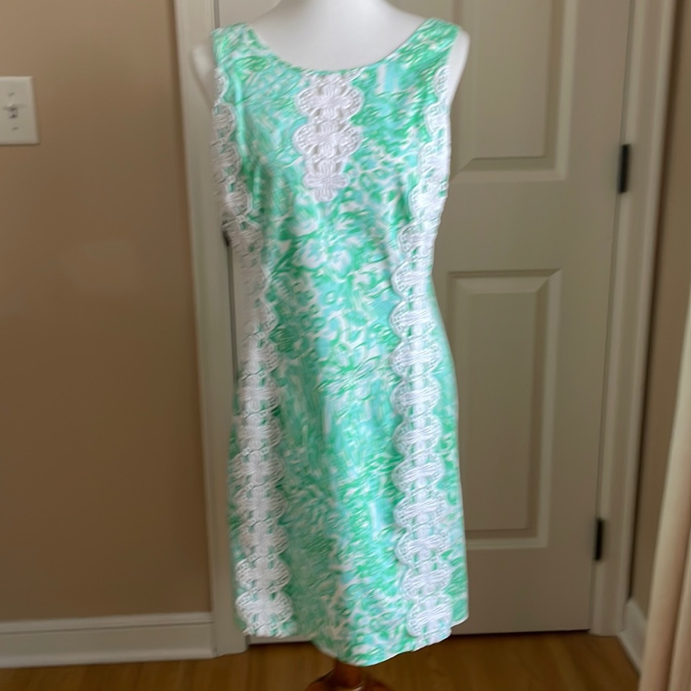 NWOT Lily Pulitzer floral shift dress w/lace - white, green, blue - size 10